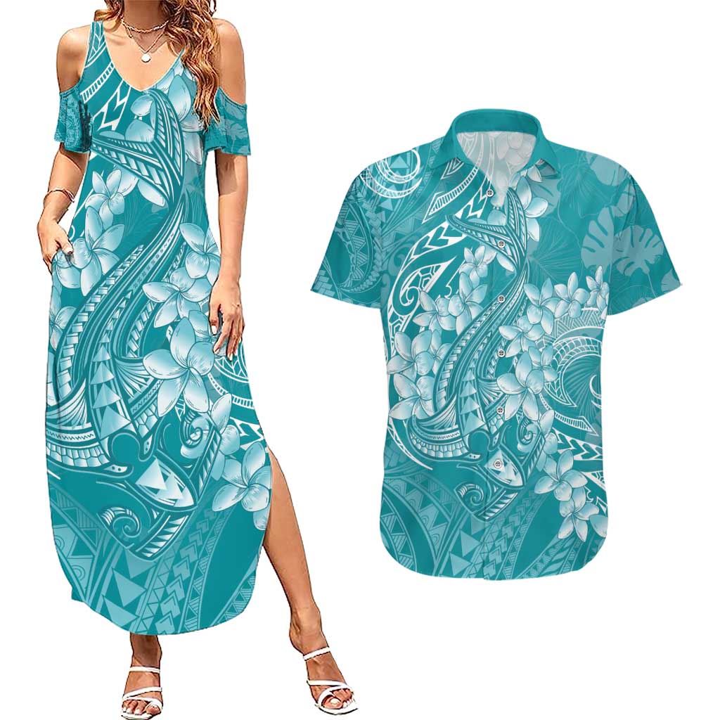 Teal Polynesia Hammerhead Shark Tattoo With Plumeria Lei Couples Matching Summer Maxi Dress and Hawaiian Shirt