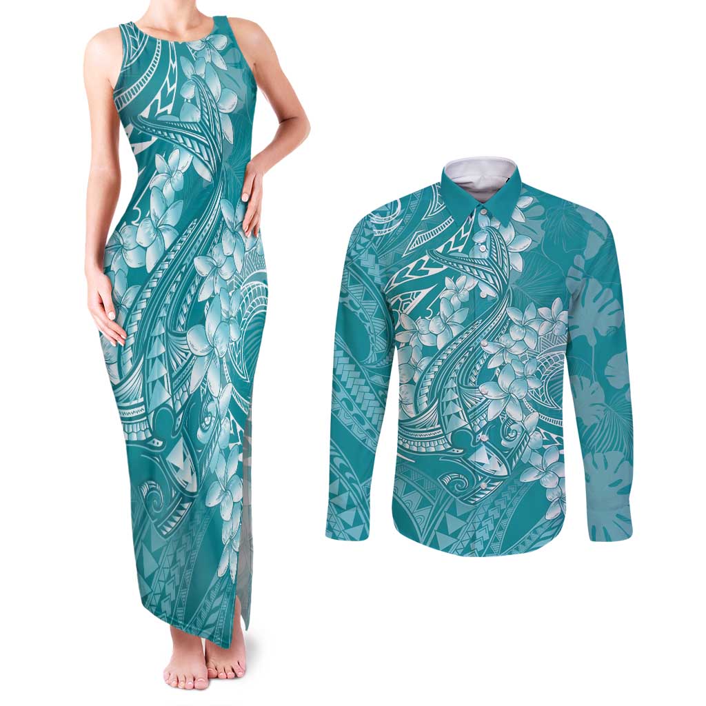 Teal Polynesia Hammerhead Shark Tattoo With Plumeria Lei Couples Matching Tank Maxi Dress and Long Sleeve Button Shirt
