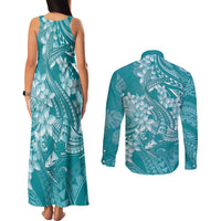 Teal Polynesia Hammerhead Shark Tattoo With Plumeria Lei Couples Matching Tank Maxi Dress and Long Sleeve Button Shirt