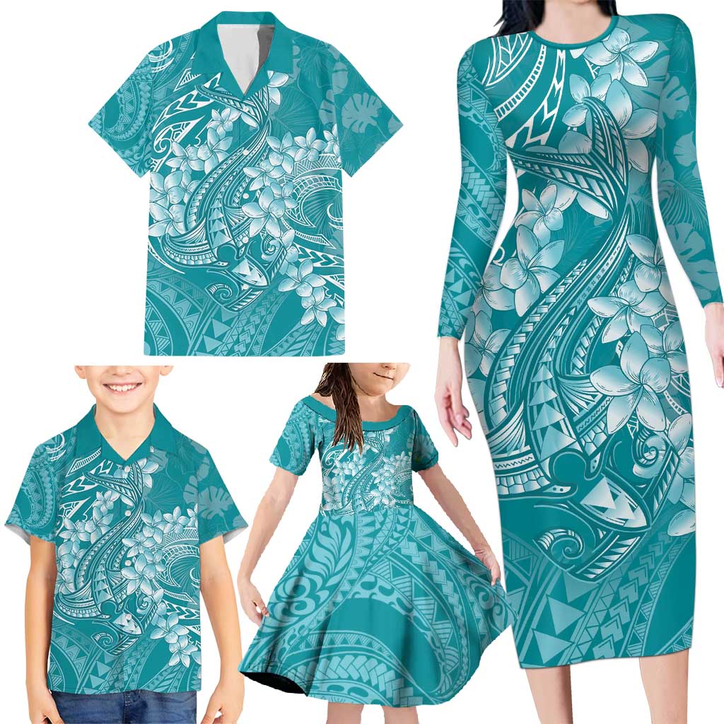 Teal Polynesia Hammerhead Shark Tattoo With Plumeria Lei Family Matching Long Sleeve Bodycon Dress and Hawaiian Shirt