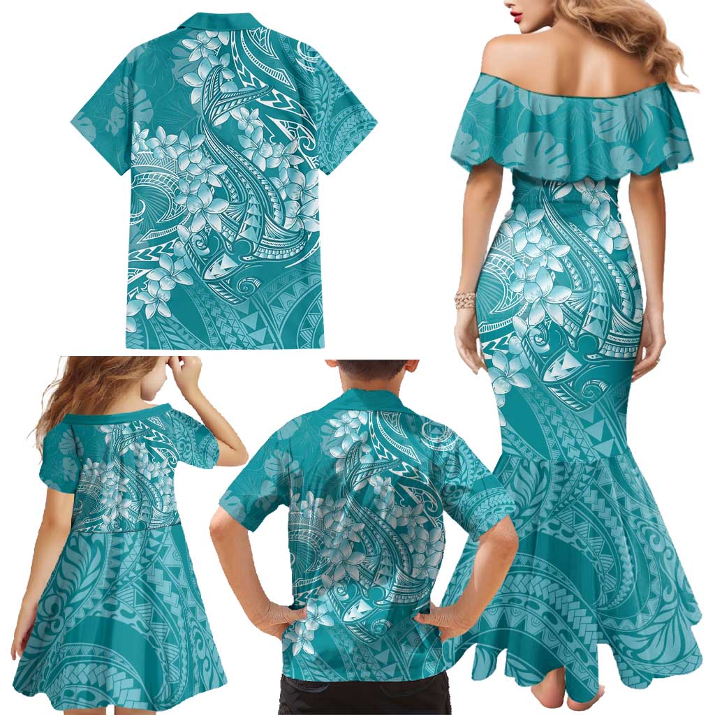 Teal Polynesia Hammerhead Shark Tattoo With Plumeria Lei Family Matching Mermaid Dress and Hawaiian Shirt