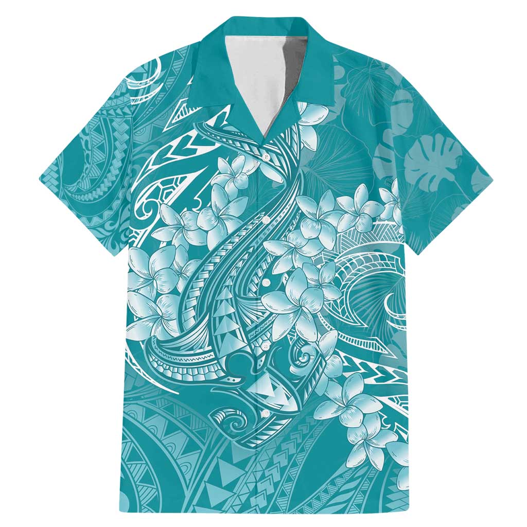 Teal Polynesia Hammerhead Shark Tattoo With Plumeria Lei Family Matching Mermaid Dress and Hawaiian Shirt