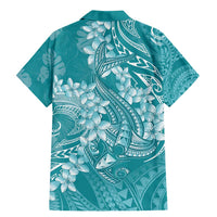 Teal Polynesia Hammerhead Shark Tattoo With Plumeria Lei Family Matching Mermaid Dress and Hawaiian Shirt