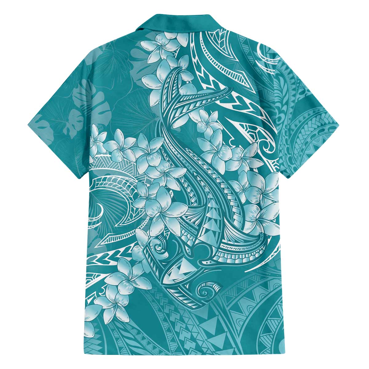 Teal Polynesia Hammerhead Shark Tattoo With Plumeria Lei Family Matching Off The Shoulder Long Sleeve Dress and Hawaiian Shirt
