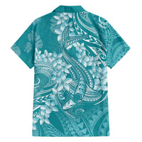 Teal Polynesia Hammerhead Shark Tattoo With Plumeria Lei Family Matching Off The Shoulder Long Sleeve Dress and Hawaiian Shirt