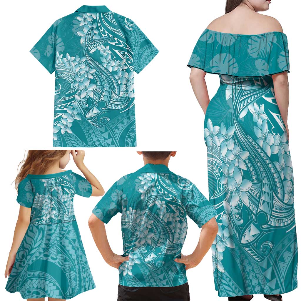 Teal Polynesia Hammerhead Shark Tattoo With Plumeria Lei Family Matching Off Shoulder Maxi Dress and Hawaiian Shirt