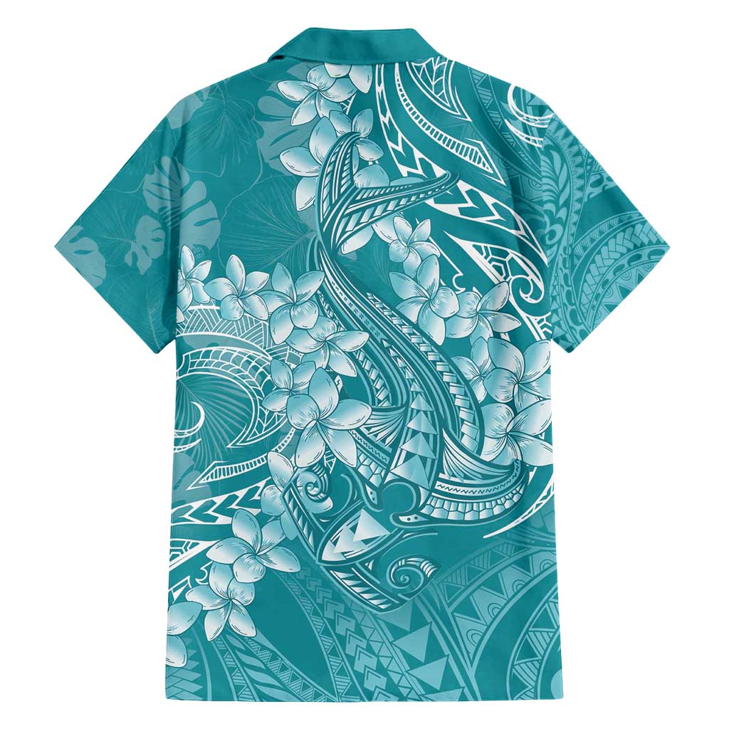 Teal Polynesia Hammerhead Shark Tattoo With Plumeria Lei Family Matching Off Shoulder Maxi Dress and Hawaiian Shirt