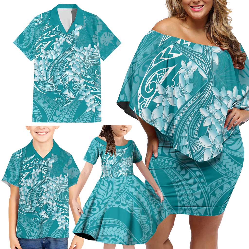Teal Polynesia Hammerhead Shark Tattoo With Plumeria Lei Family Matching Off Shoulder Short Dress and Hawaiian Shirt
