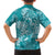 Teal Polynesia Hammerhead Shark Tattoo With Plumeria Lei Family Matching Short Sleeve Bodycon Dress and Hawaiian Shirt