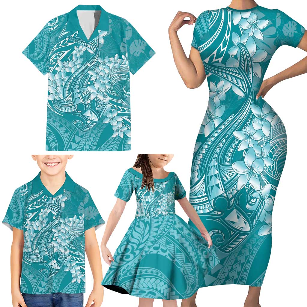 Teal Polynesia Hammerhead Shark Tattoo With Plumeria Lei Family Matching Short Sleeve Bodycon Dress and Hawaiian Shirt