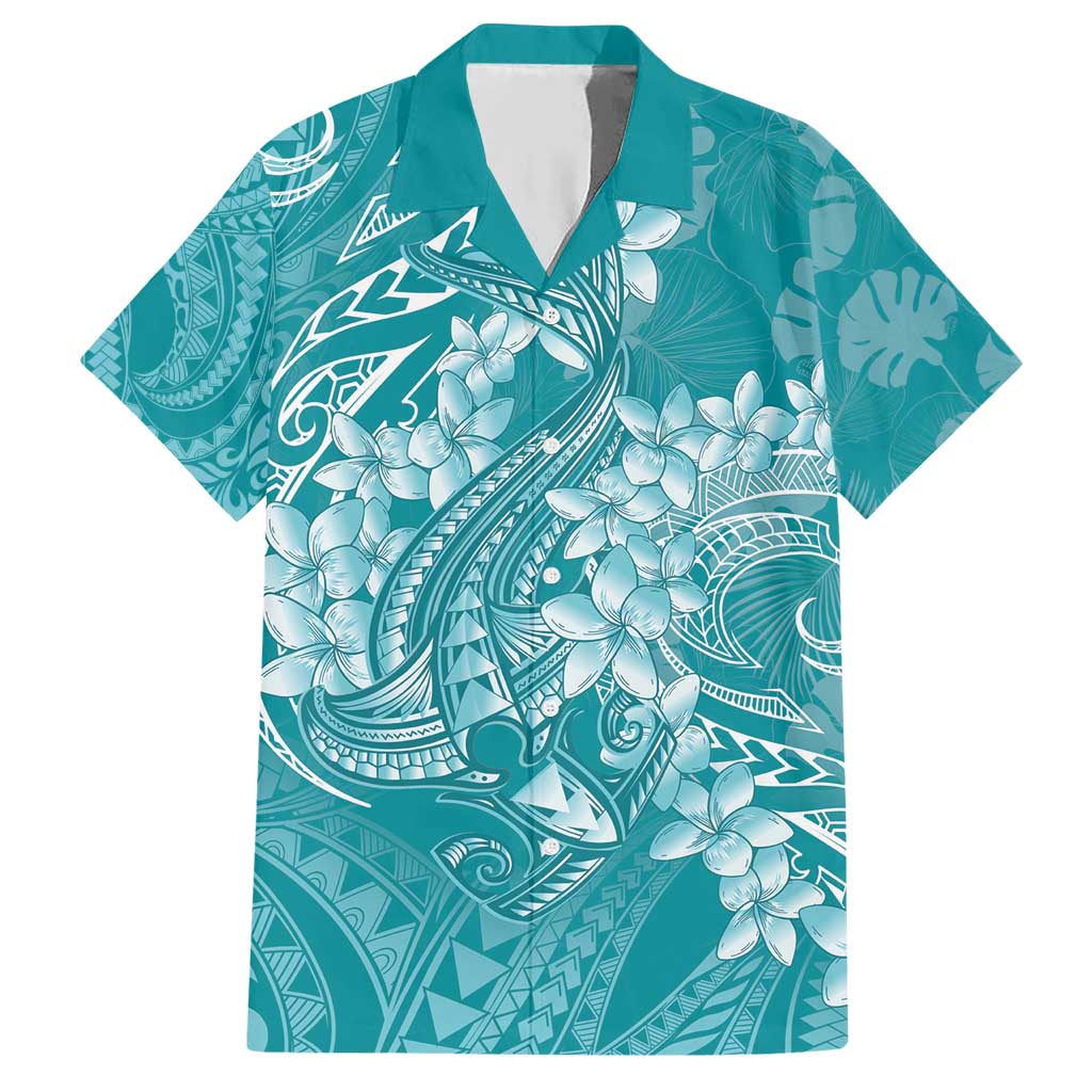Teal Polynesia Hammerhead Shark Tattoo With Plumeria Lei Family Matching Short Sleeve Bodycon Dress and Hawaiian Shirt