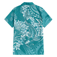 Teal Polynesia Hammerhead Shark Tattoo With Plumeria Lei Hawaiian Shirt