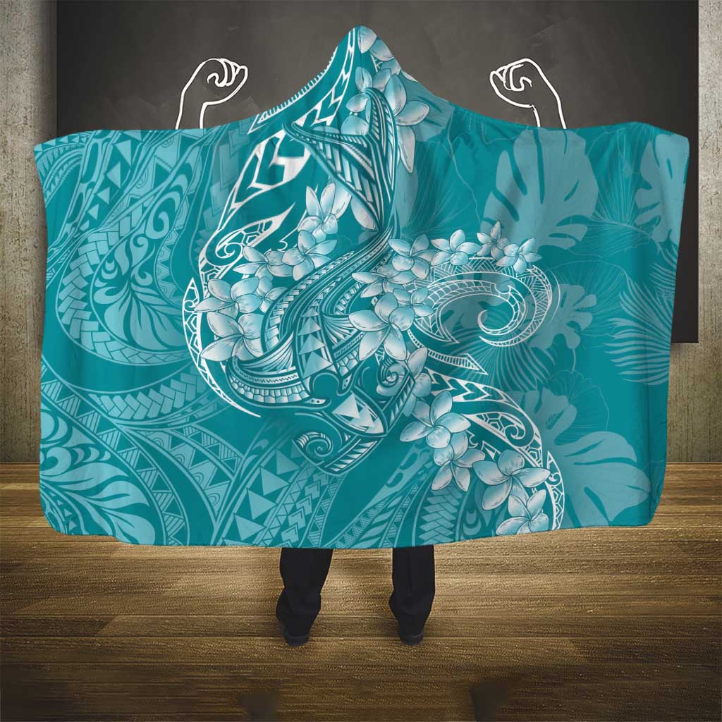 Teal Polynesia Hammerhead Shark Tattoo With Plumeria Lei Hooded Blanket
