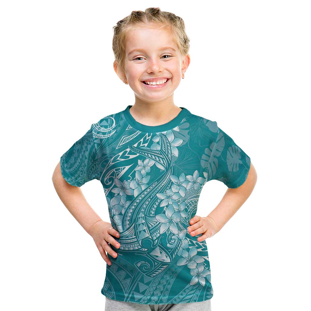 Teal Polynesia Hammerhead Shark Tattoo With Plumeria Lei Kid T Shirt LT14 Teal - Polynesian Pride