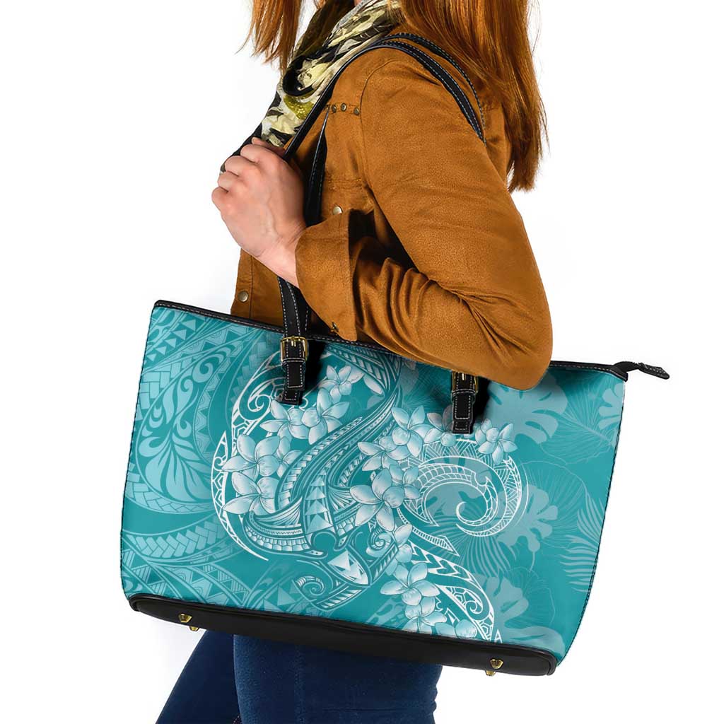 Teal Polynesia Hammerhead Shark Tattoo With Plumeria Lei Leather Tote Bag LT14 Teal - Polynesian Pride