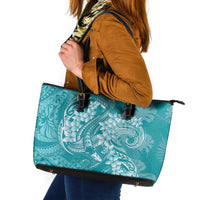 Teal Polynesia Hammerhead Shark Tattoo With Plumeria Lei Leather Tote Bag LT14 Teal - Polynesian Pride