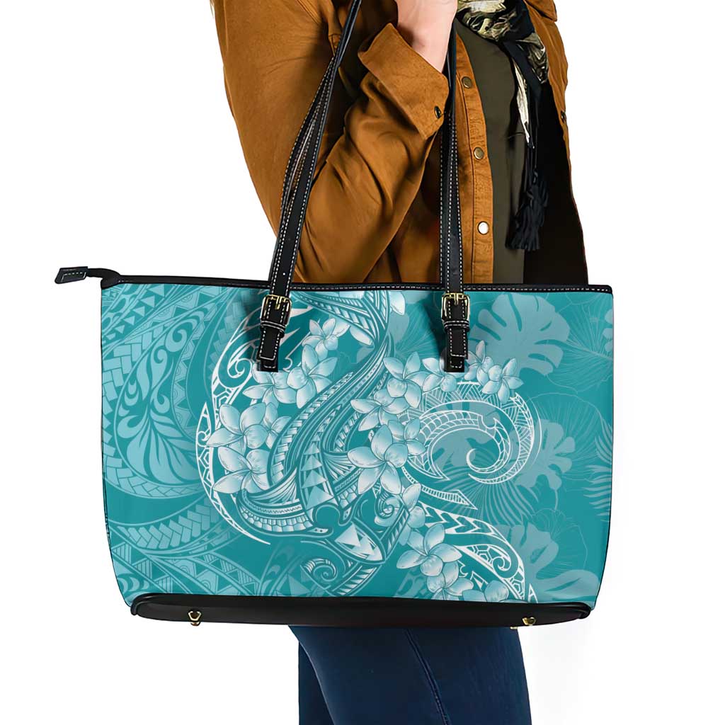 Teal Polynesia Hammerhead Shark Tattoo With Plumeria Lei Leather Tote Bag LT14 - Polynesian Pride