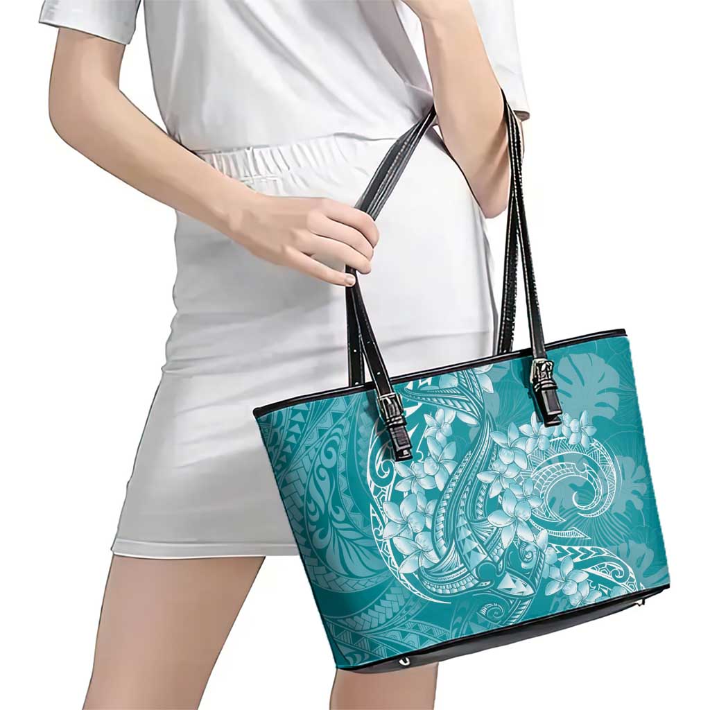 Teal Polynesia Hammerhead Shark Tattoo With Plumeria Lei Leather Tote Bag LT14 - Polynesian Pride