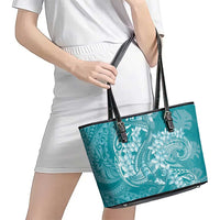 Teal Polynesia Hammerhead Shark Tattoo With Plumeria Lei Leather Tote Bag LT14 - Polynesian Pride