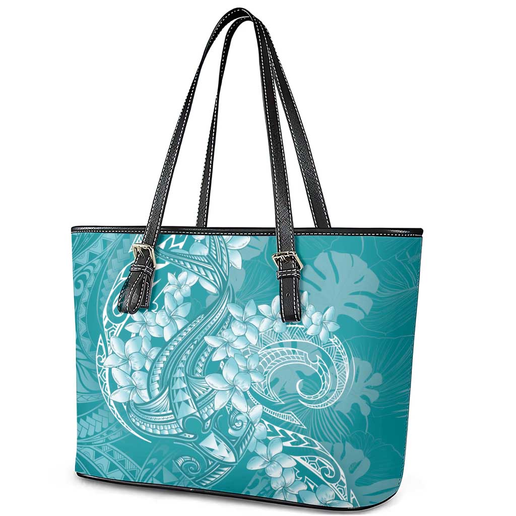 Teal Polynesia Hammerhead Shark Tattoo With Plumeria Lei Leather Tote Bag LT14 - Polynesian Pride