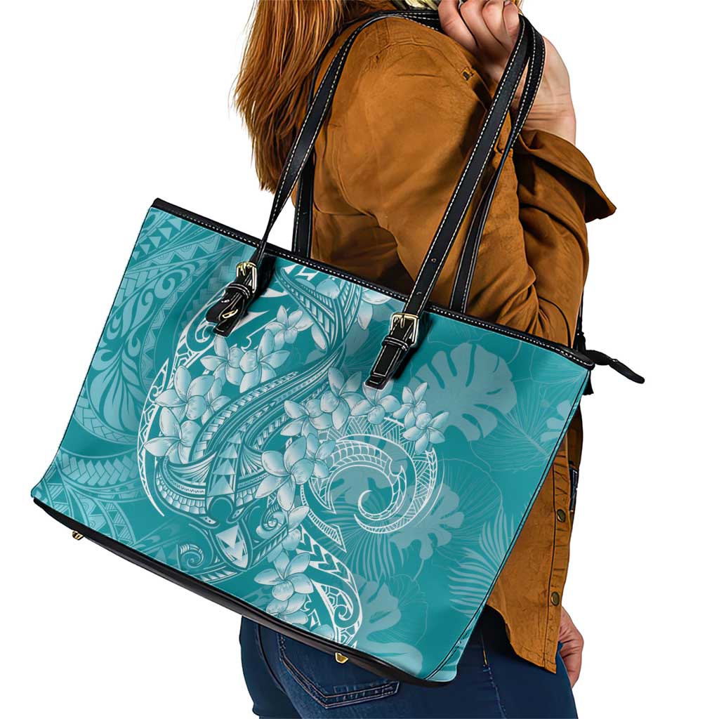 Teal Polynesia Hammerhead Shark Tattoo With Plumeria Lei Leather Tote Bag LT14 - Polynesian Pride