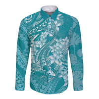 Teal Polynesia Hammerhead Shark Tattoo With Plumeria Lei Long Sleeve Button Shirt LT14 Unisex Teal - Polynesian Pride