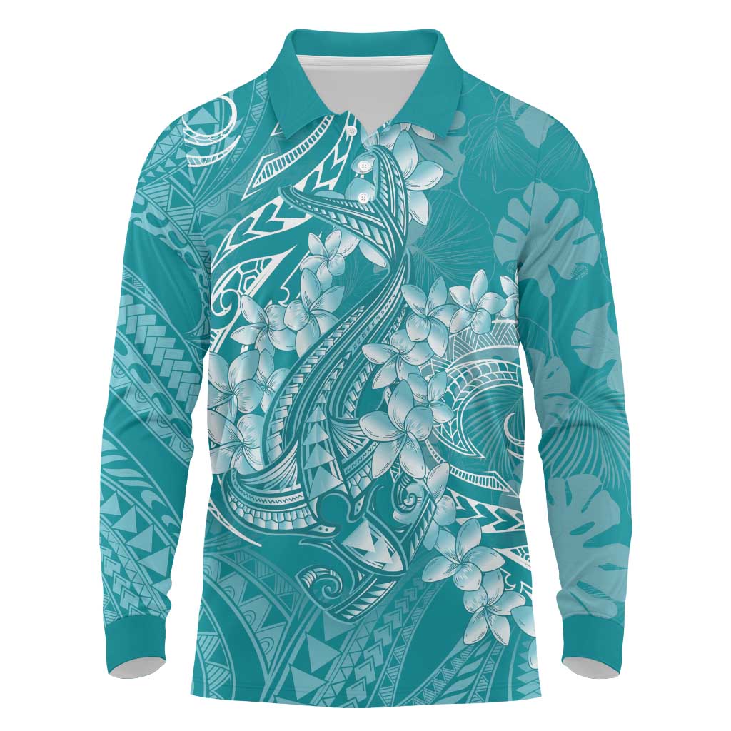 Teal Polynesia Hammerhead Shark Tattoo With Plumeria Lei Long Sleeve Polo Shirt LT14 Teal - Polynesian Pride