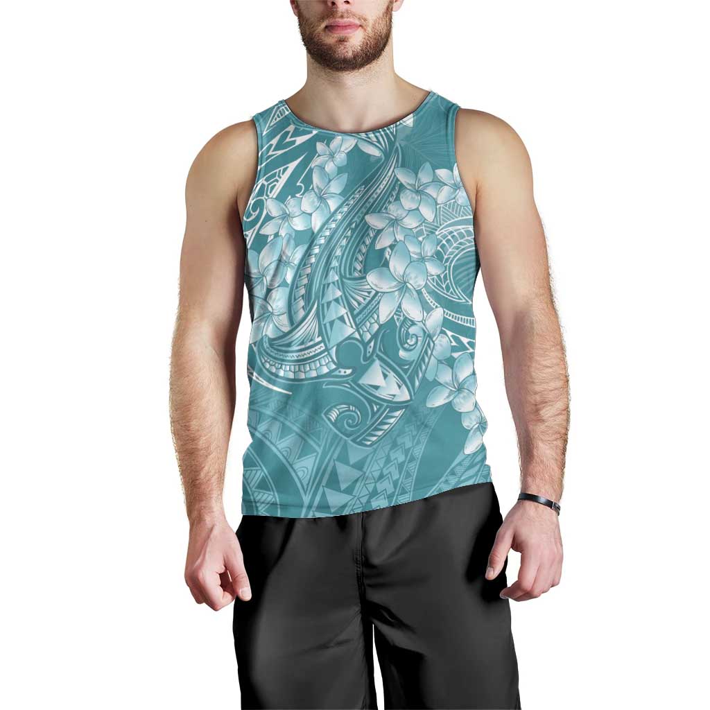 Teal Polynesia Hammerhead Shark Tattoo With Plumeria Lei Men Tank Top