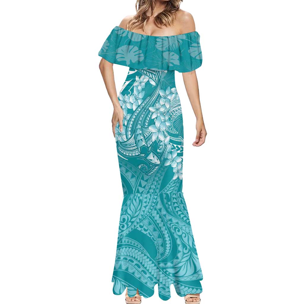 Teal Polynesia Hammerhead Shark Tattoo With Plumeria Lei Mermaid Dress LT14 - Polynesian Pride