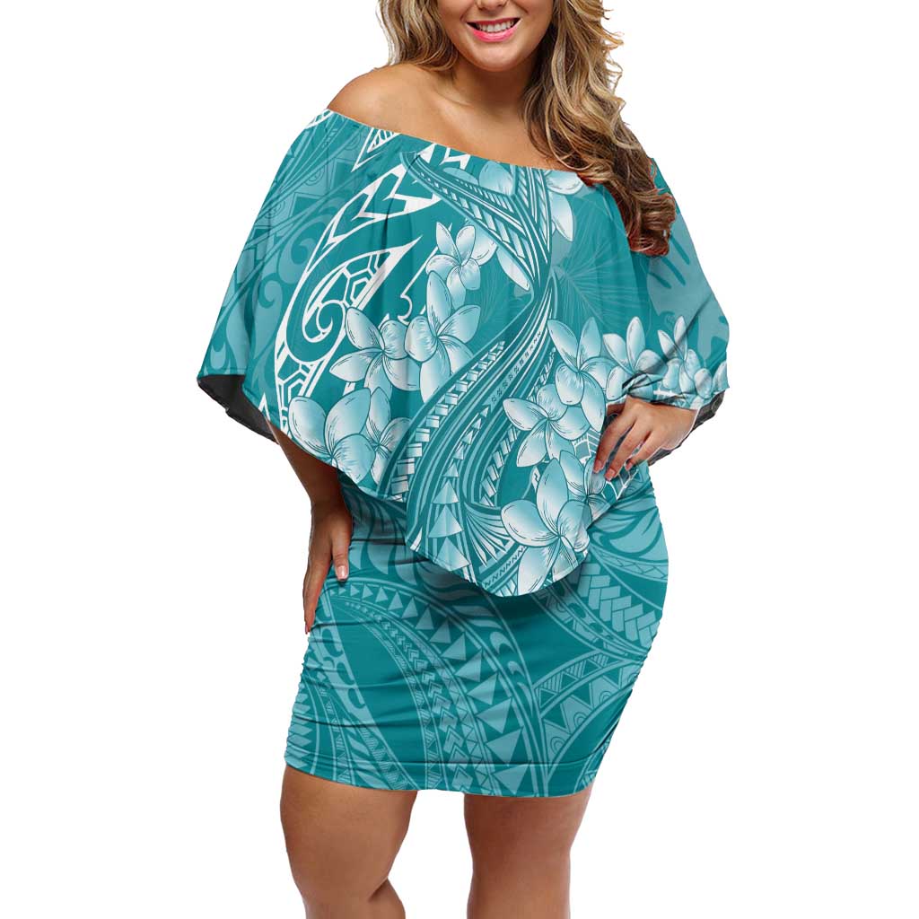 Teal Polynesia Hammerhead Shark Tattoo With Plumeria Lei Off Shoulder Short Dress