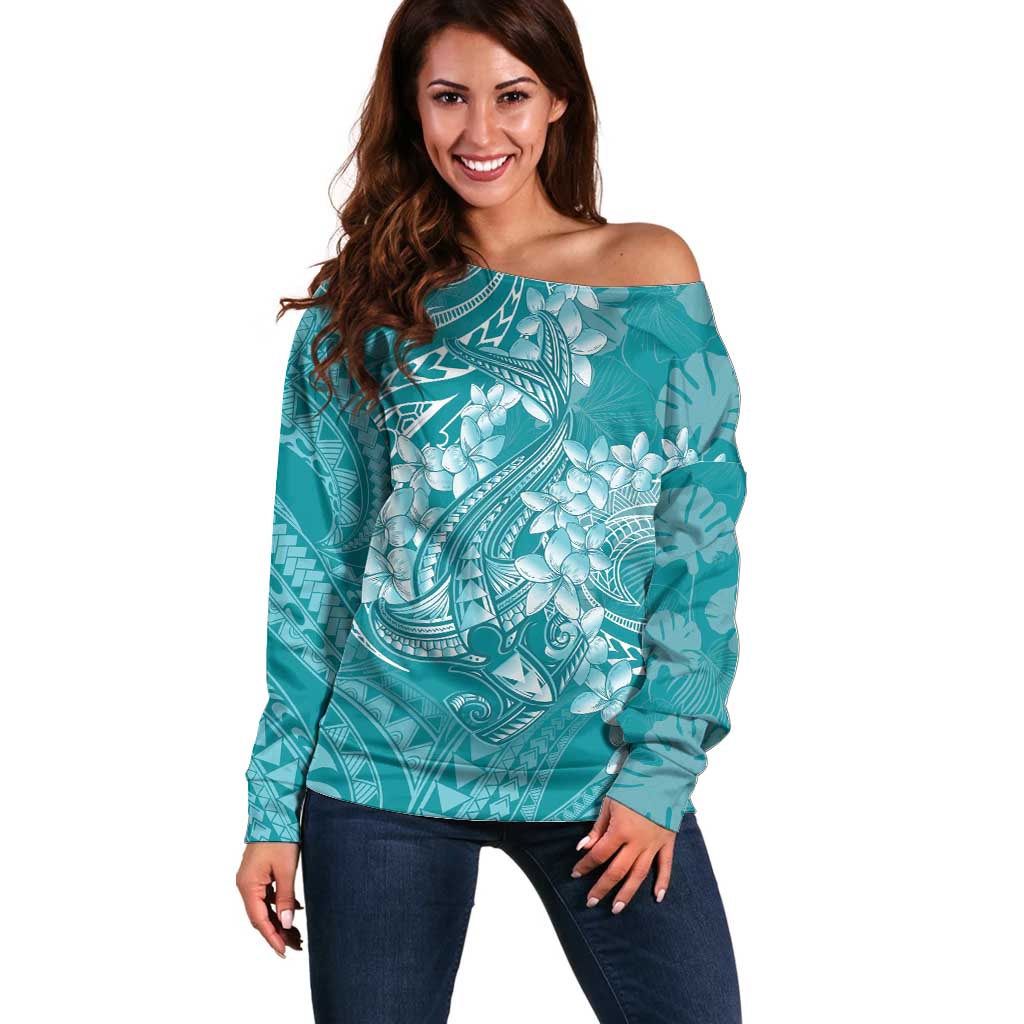 Teal Polynesia Hammerhead Shark Tattoo With Plumeria Lei Off Shoulder Sweater LT14 Women Teal - Polynesian Pride