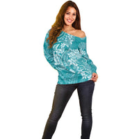 Teal Polynesia Hammerhead Shark Tattoo With Plumeria Lei Off Shoulder Sweater LT14 - Polynesian Pride