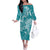 Teal Polynesia Hammerhead Shark Tattoo With Plumeria Lei Off The Shoulder Long Sleeve Dress