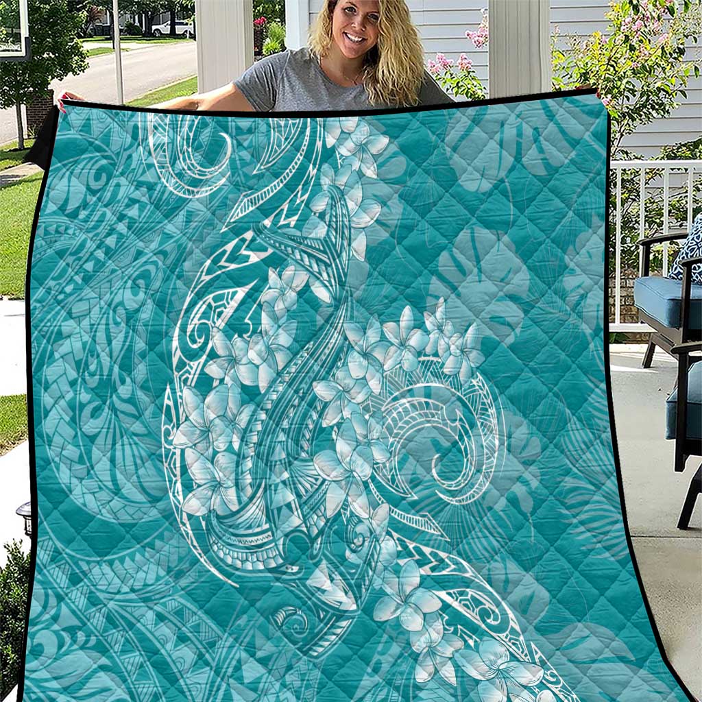 Teal Polynesia Hammerhead Shark Tattoo With Plumeria Lei Quilt