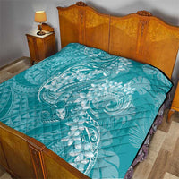 Teal Polynesia Hammerhead Shark Tattoo With Plumeria Lei Quilt