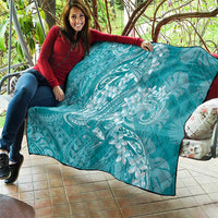 Teal Polynesia Hammerhead Shark Tattoo With Plumeria Lei Quilt