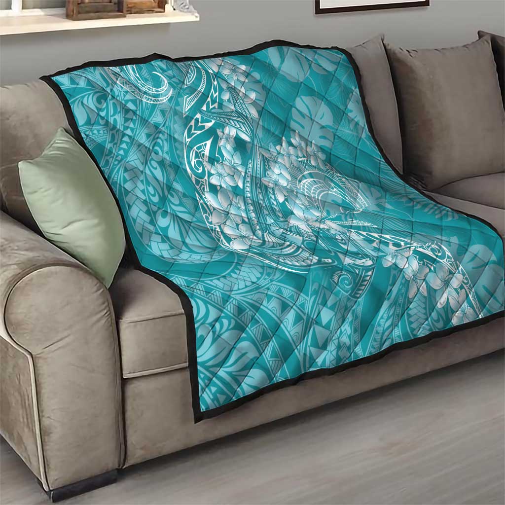 Teal Polynesia Hammerhead Shark Tattoo With Plumeria Lei Quilt