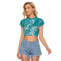 Teal Polynesia Hammerhead Shark Tattoo With Plumeria Lei Raglan Cropped T Shirt