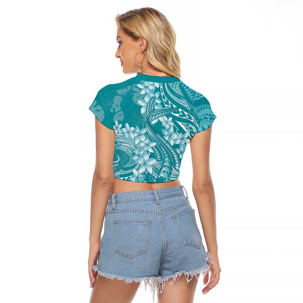 Teal Polynesia Hammerhead Shark Tattoo With Plumeria Lei Raglan Cropped T Shirt