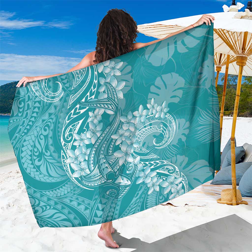Teal Polynesia Hammerhead Shark Tattoo With Plumeria Lei Sarong LT14 One Size 44 x 66 inches Teal - Polynesian Pride