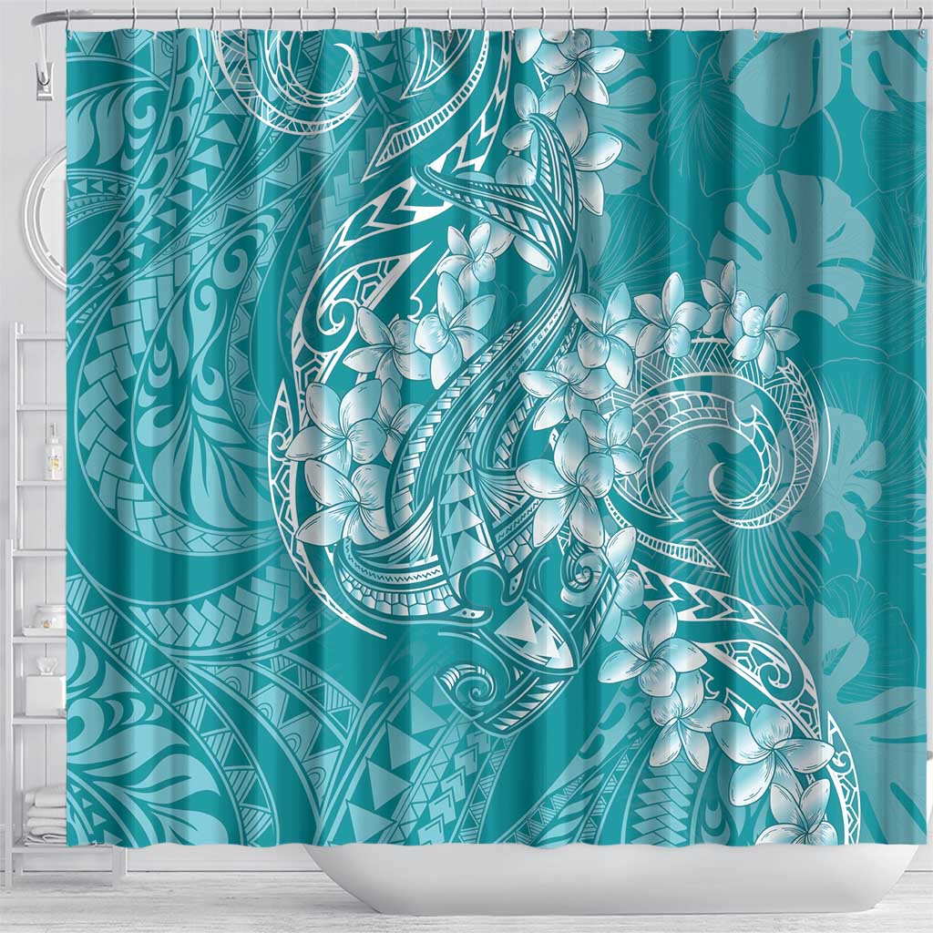 Teal Polynesia Hammerhead Shark Tattoo With Plumeria Lei Shower Curtain