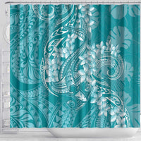 Teal Polynesia Hammerhead Shark Tattoo With Plumeria Lei Shower Curtain