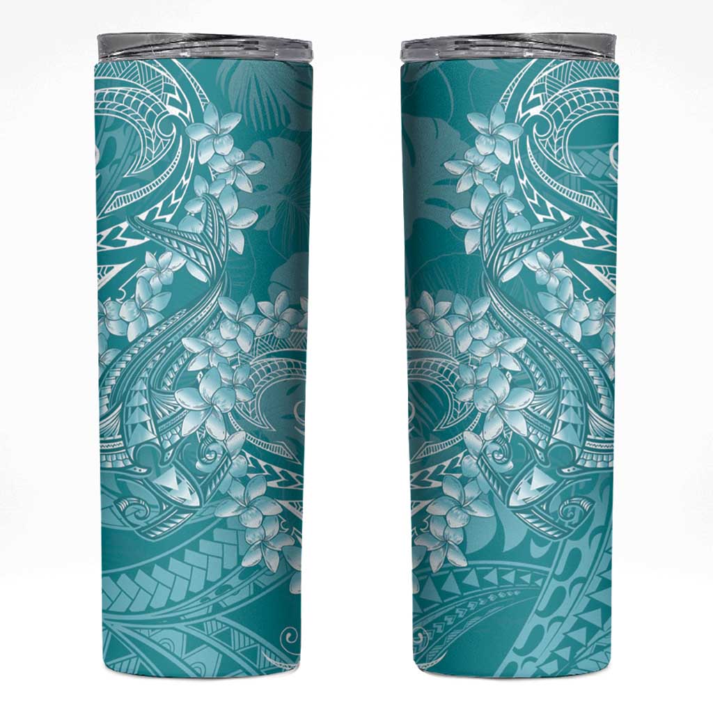 Teal Polynesia Hammerhead Shark Tattoo With Plumeria Lei Skinny Tumbler