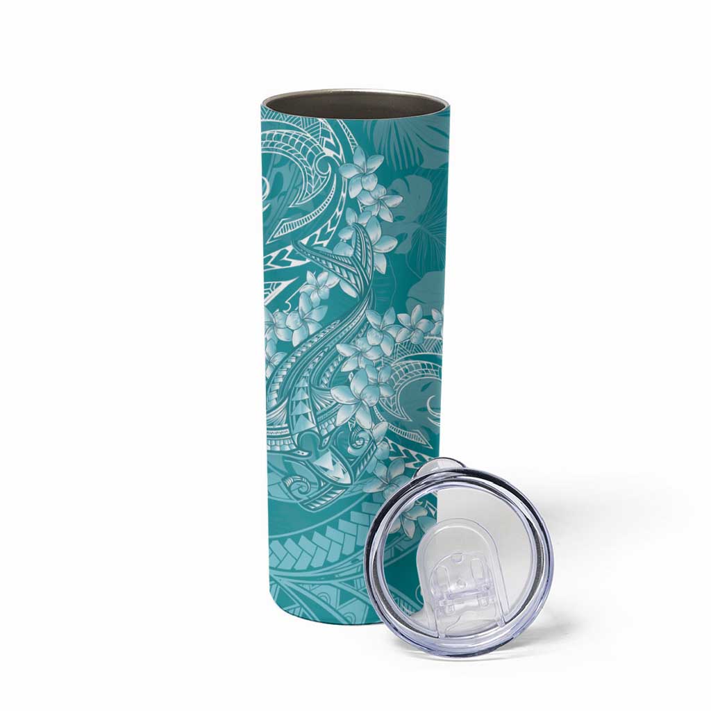 Teal Polynesia Hammerhead Shark Tattoo With Plumeria Lei Skinny Tumbler LT14 - Polynesian Pride