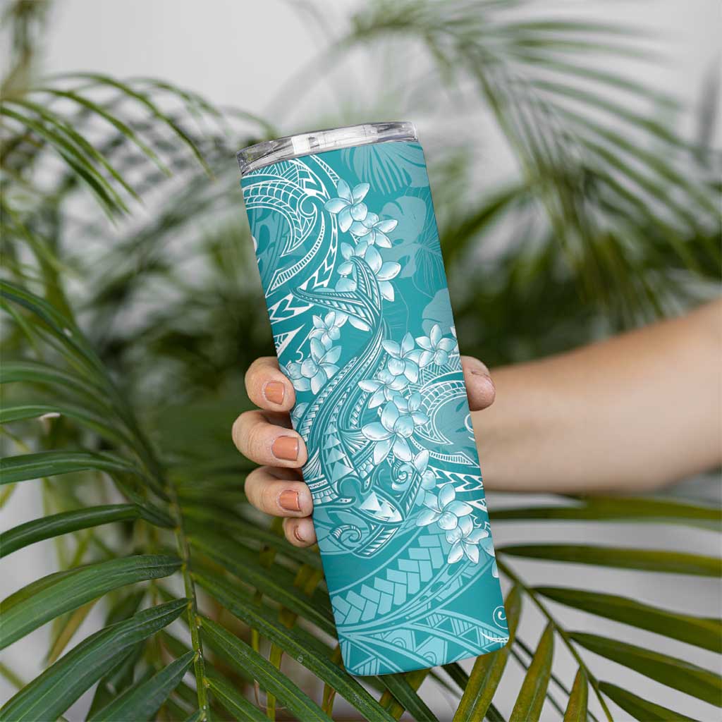 Teal Polynesia Hammerhead Shark Tattoo With Plumeria Lei Skinny Tumbler LT14 - Polynesian Pride