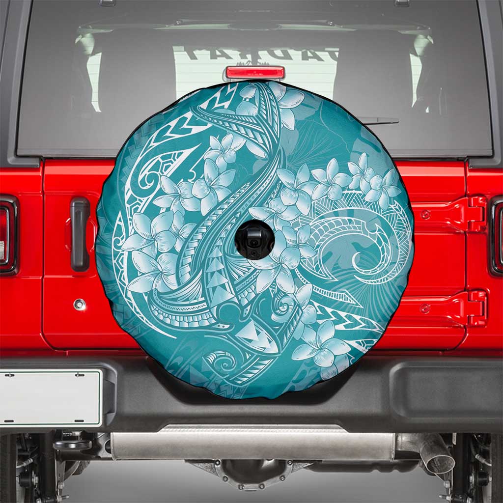 Teal Polynesia Hammerhead Shark Tattoo With Plumeria Lei Spare Tire Cover