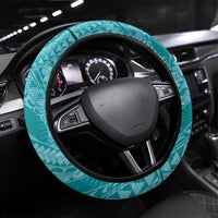 Teal Polynesia Hammerhead Shark Tattoo With Plumeria Lei Steering Wheel Cover