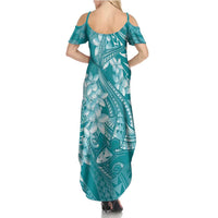 Teal Polynesia Hammerhead Shark Tattoo With Plumeria Lei Summer Maxi Dress