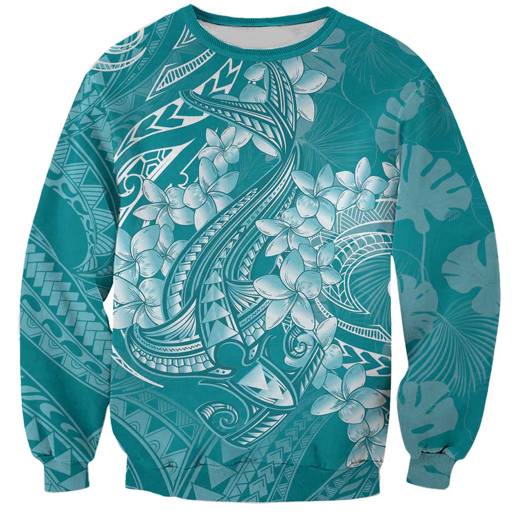Teal Polynesia Hammerhead Shark Tattoo With Plumeria Lei Sweatshirt