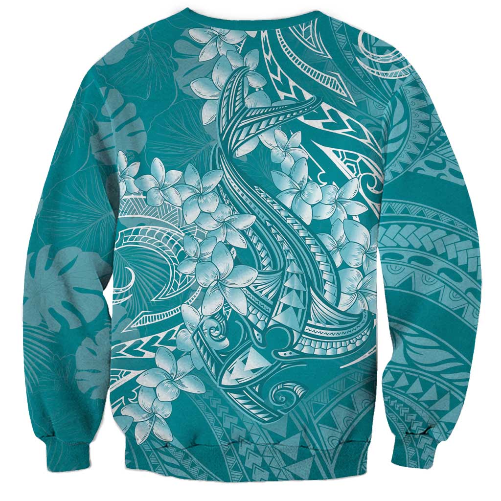 Teal Polynesia Hammerhead Shark Tattoo With Plumeria Lei Sweatshirt LT14 - Polynesian Pride